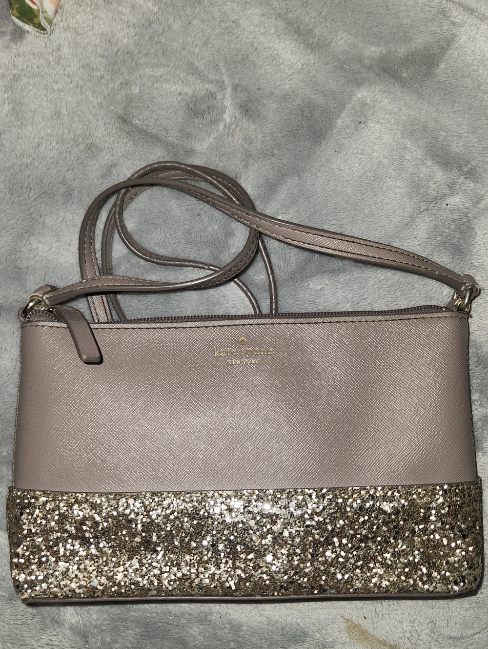 kate spade Taupe Crossbody with Gold Glitter Band